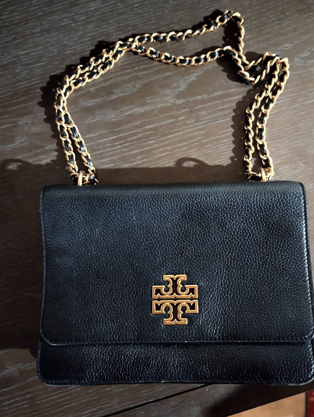 Tory Burch Black Leather Shoulder Bag with Gold Chain